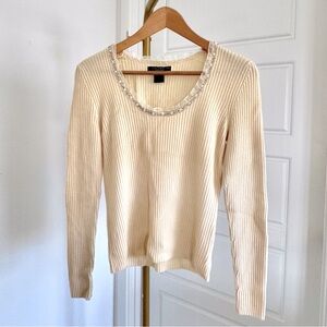 Women's Long‎ Sleeve 100% Italian Merino Wool Ribbed Pullover Knit w Beads Sz XS